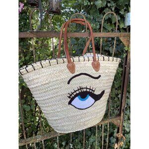 Handmade Straw Market Basket Tote with Eye & Lashes